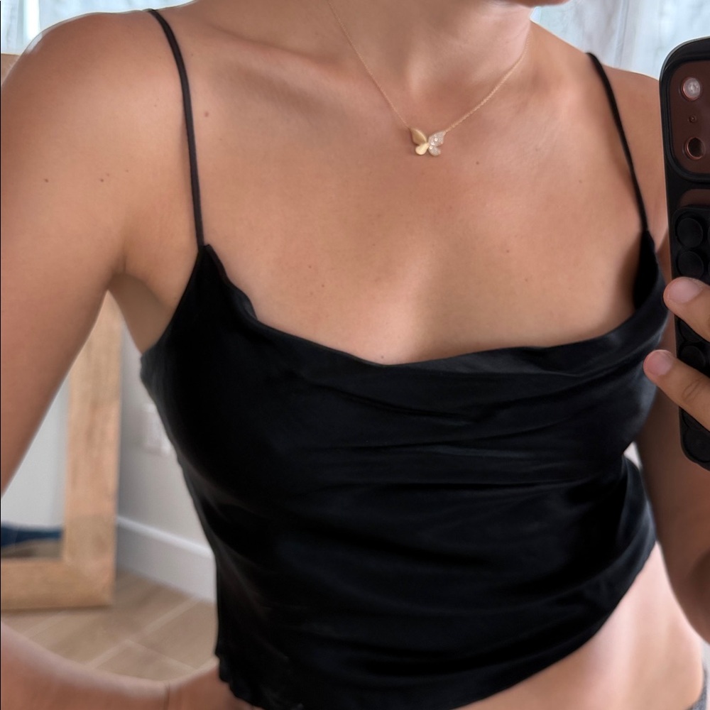 Zara Womens Satin Cami Top Sleeveless Button Adjustable Strap Button Black Small